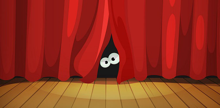 Illustration of funny cartoon human creature or animal character's eyes hiding and looking from behind red curtains in theater wooden stage